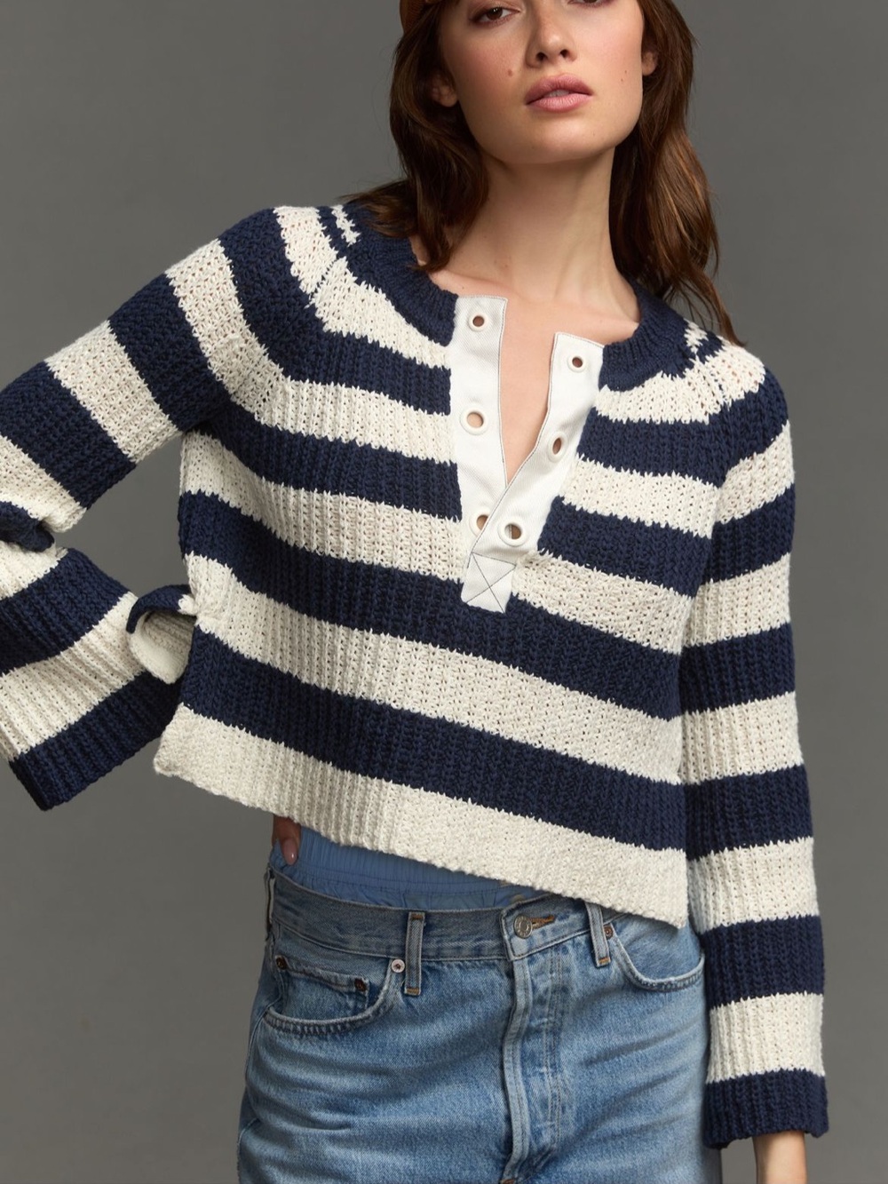 Anthropologie Pilcro Bell Sleeve Henley Sweater Coastal Nautical Fisherman S